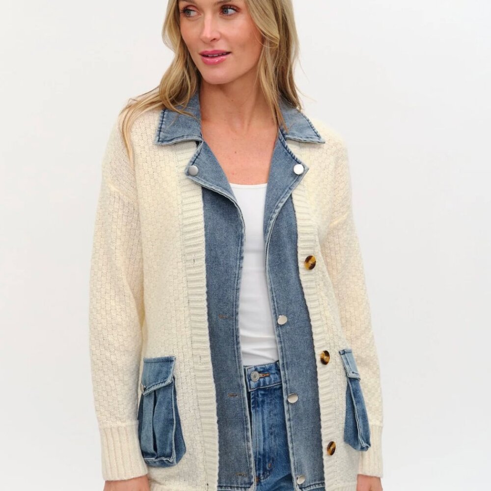 Six/Fifty Rachel Mixed Media Denim Cardigan - Ivory SMALL NWT